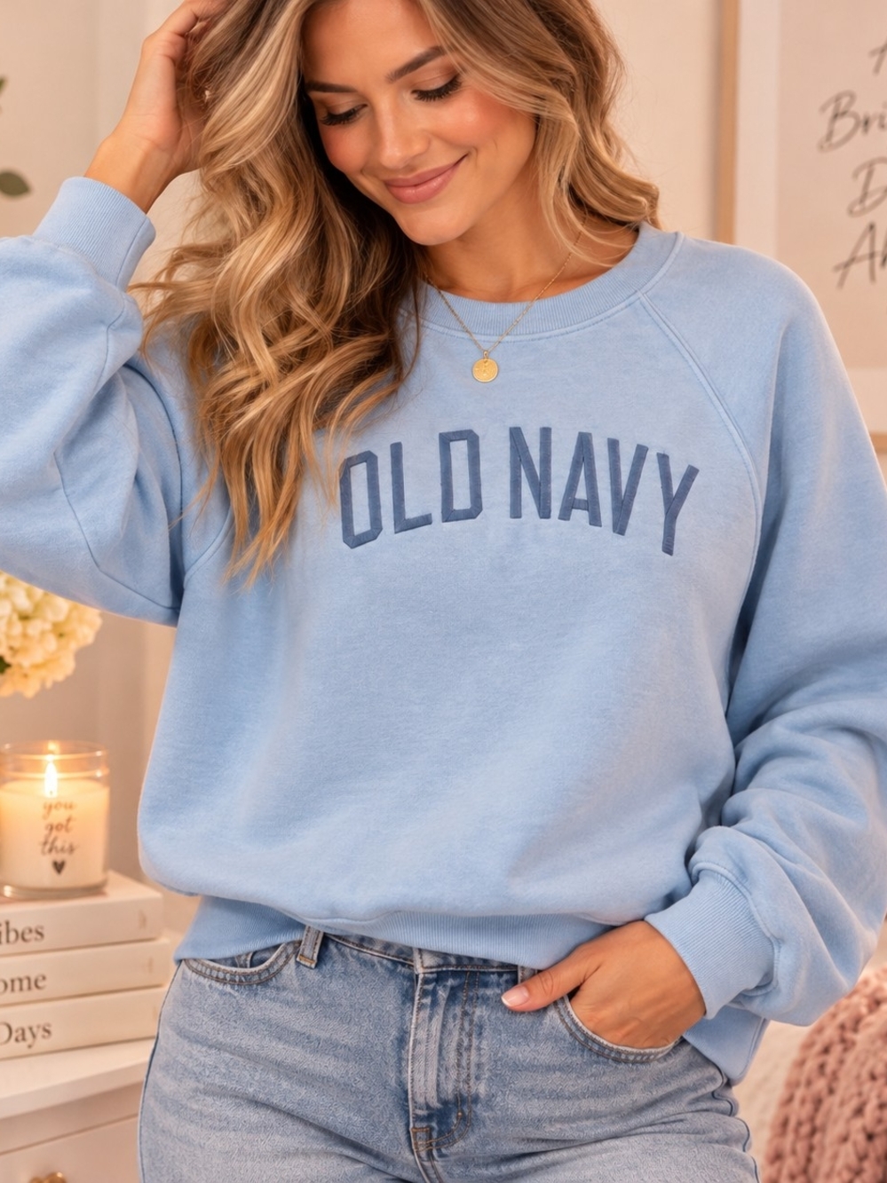NWT Old Navy Medium Blue Logo Embroidered Crewneck Sweatshirt Pullover
